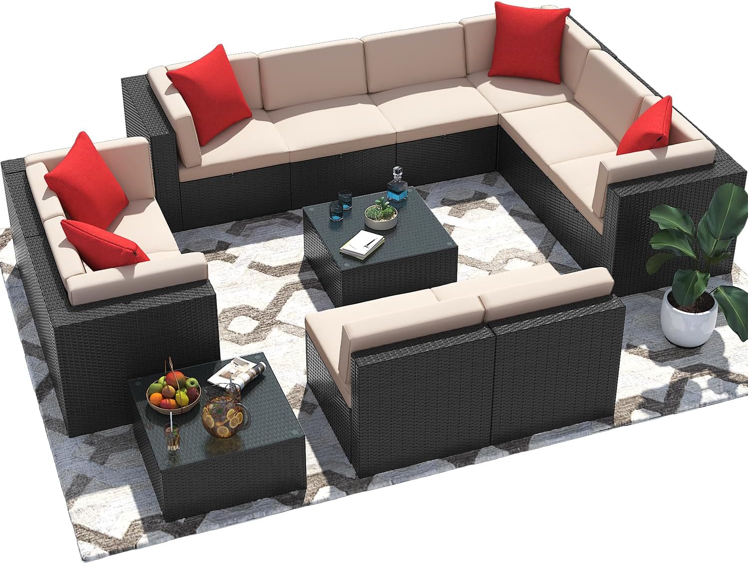 Greesum Patio Furniture Sets 12-Pieces Outdoor PE Rattan Sectional Sofa with Thickened Cushions and Glass Coffee Table, OneSize, Beige