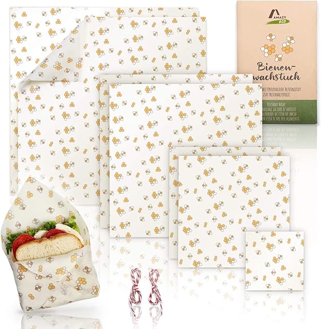 Amazy Beeswax Cloths (Set of 7) - Made from 100% Natural Beeswax | Sustainable Alternative to Cling Film and Aluminium Foil - for Fruit, Vegetables, Bread, Cheese and Other Foods | Certified