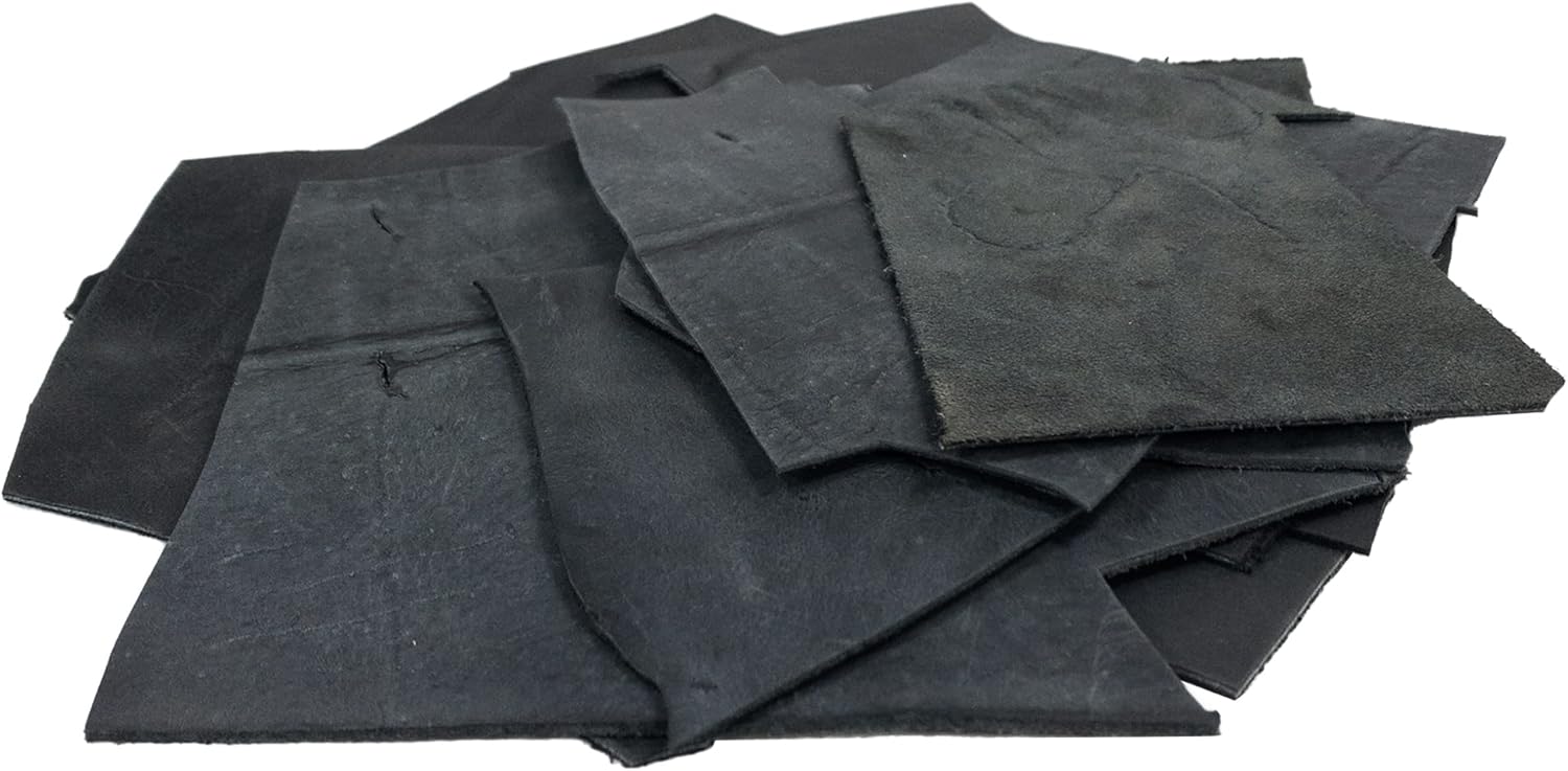 Hide & Drink, Leather Scraps with Scars for Arts & Crafts, (5 to 8 in.) Long, Different Widths (12 oz Pack) - Charcoal Black