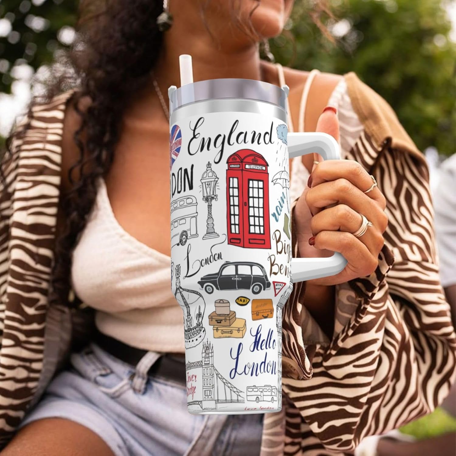 40 OZ I Love London Print Ice Bully Cup with Handle Straw Lid Straw,Stainless Steel Tumbler Coffee Cup