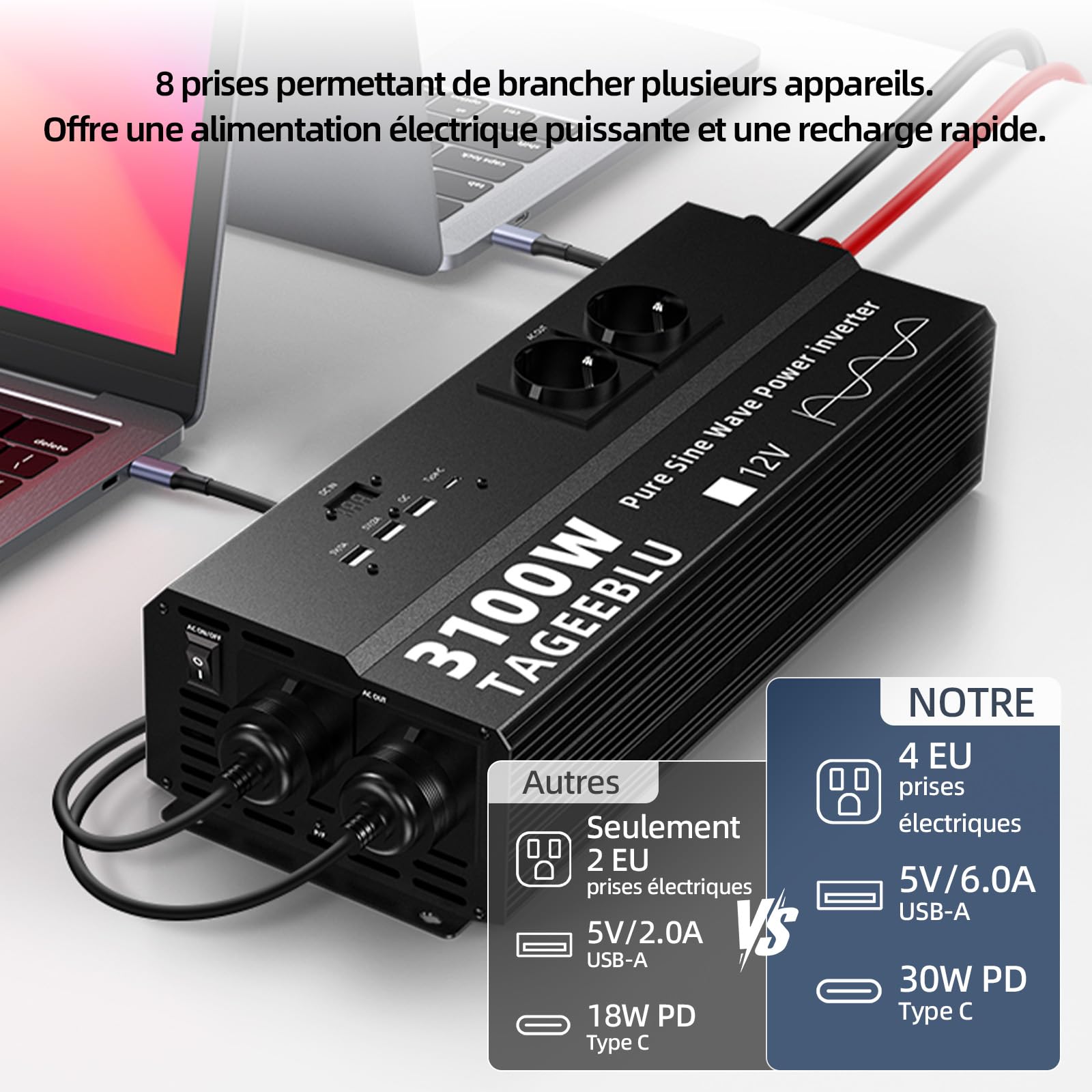 3100W Pur Sinus convertisseur 12v 220v, transformateur 12v 220v