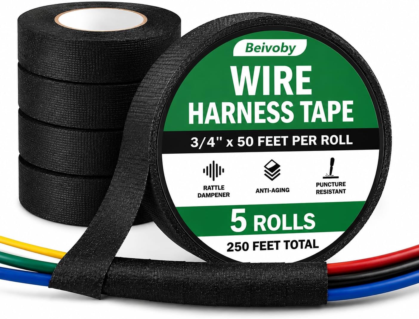 5 Rolls High Temp Wire Harness Tape, 250 FT Automotive Cloth Tape for Engine Wiring Loom, Electrical Cable Bundling, Noise & Vibration Damping, 3/4 in x 50 ft Each