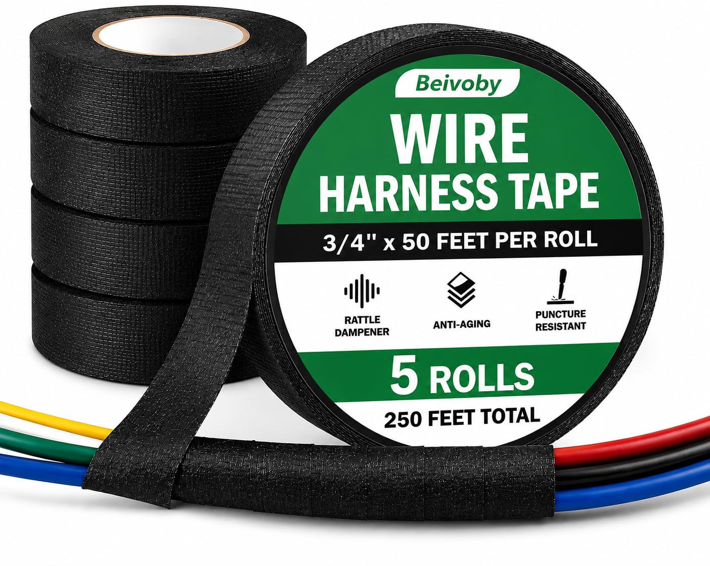 5 Rolls High Temp Wire Harness Tape, 250 FT Automotive Cloth Tape for Engine Wiring Loom, Electrical Cable Bundling, Noise & Vibration Damping, 3/4 in x 50 ft Each