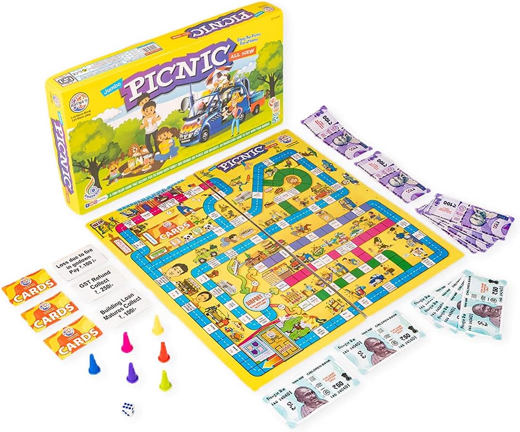 Ratna's Jumbo Picnic Board Game for Family, with 6 Conical Pegs, Dice, Cards and Game Money, Educational Games for Kids Age 5+ Years