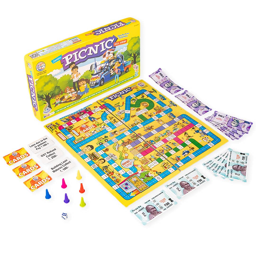 Ratna's Jumbo Picnic Board Game for Family, with 6 Conical Pegs, Dice, Cards and Game Money, Educational Games for Kids Ag...