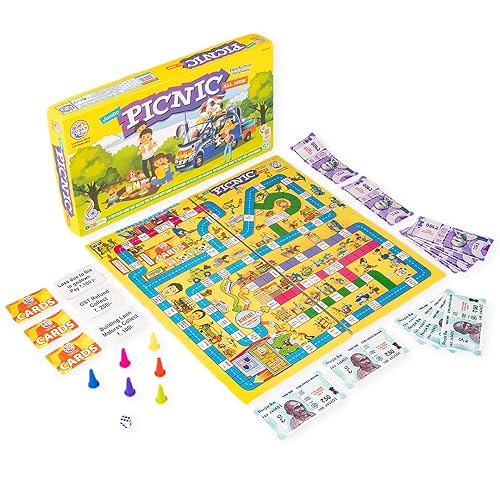Ratna's Jumbo Picnic Board Game for Family, with 6 Conical Pegs, Dice, Cards and Game Money, Educational Games for Kids Age 5+ Years