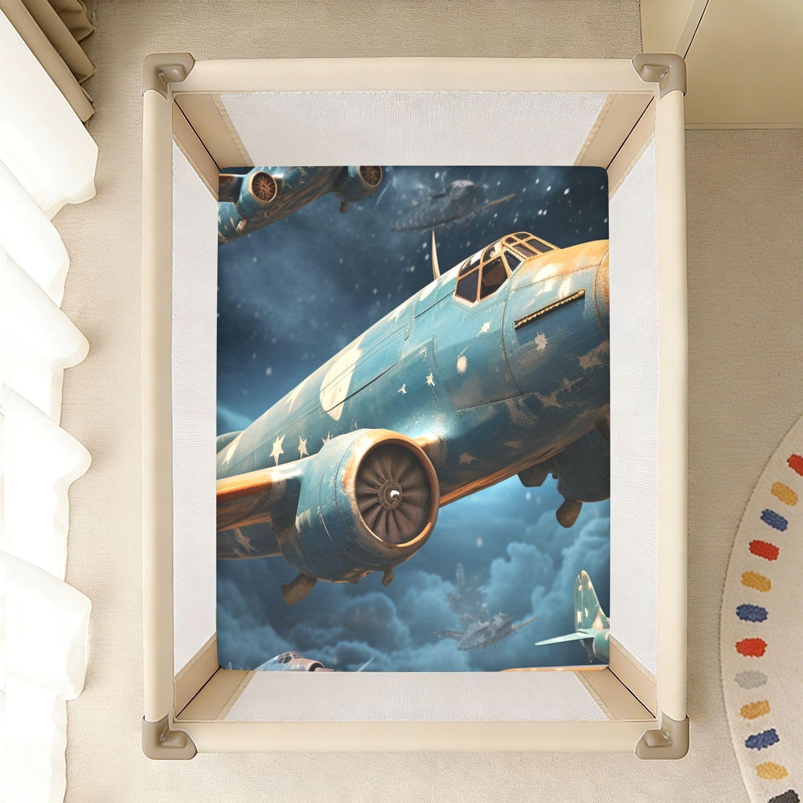 Espacio Azul AvióN Sábana de Cuna para Niños Pequeños,Sábanas de Algodón Suave para Bebés Aptas para Colchón Corralito