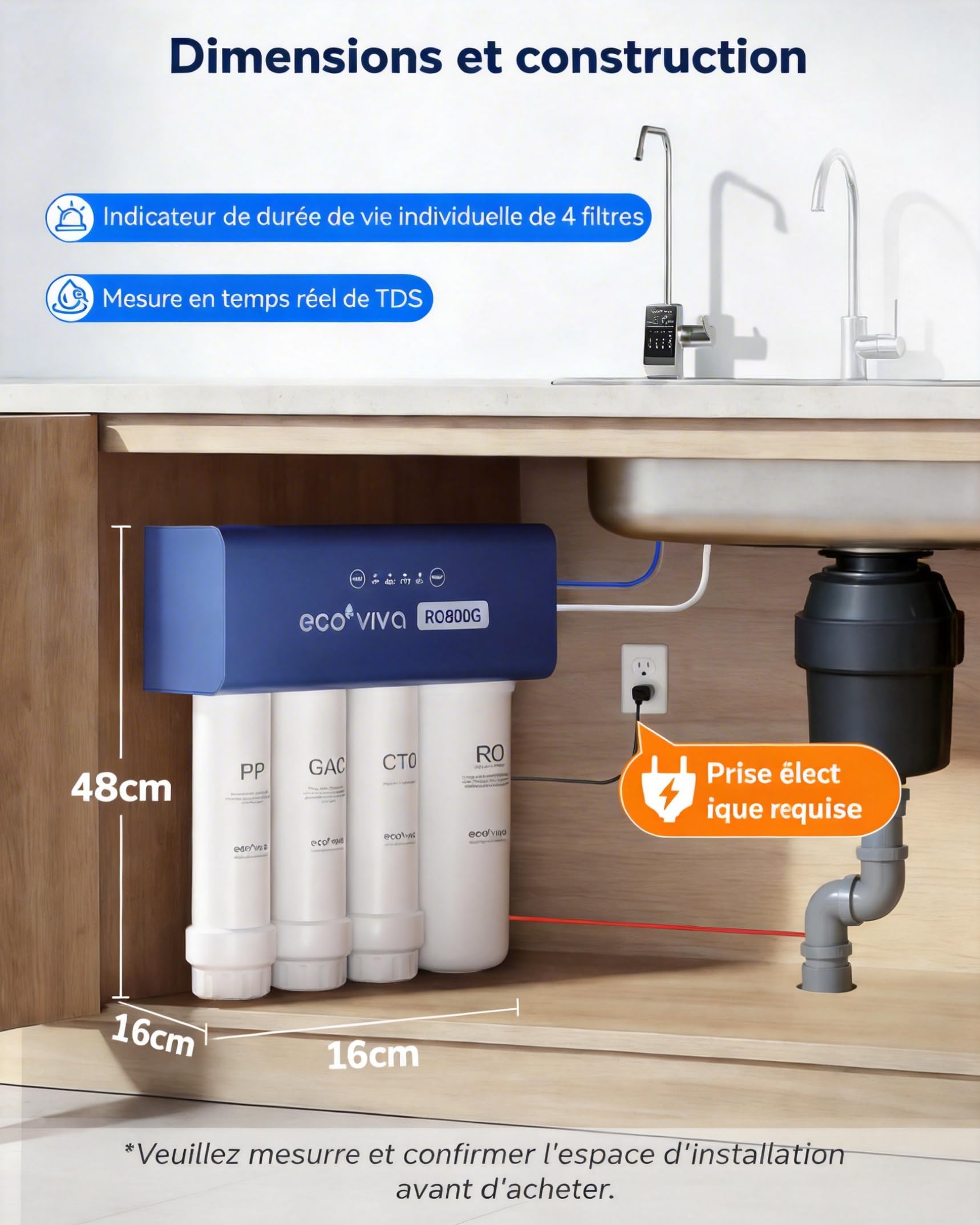 Ecoviva Sistema de Ósmosis Inversa domestica para Bajo Fregadero, 800GPD - Con Grifo Inteligente LED, Relación Agua Purificada/Residual 3:1, Diseño sin Depósito, Instalación Express