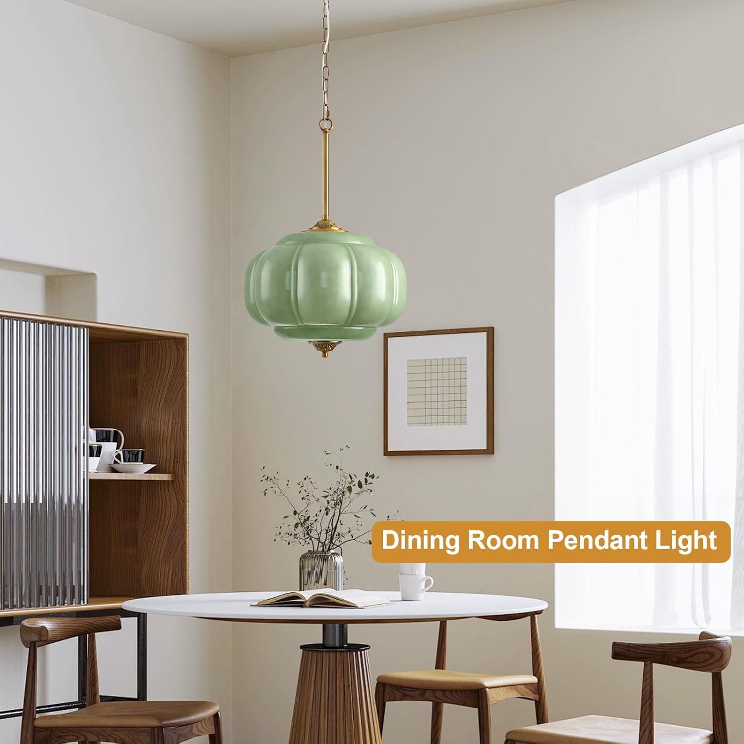 Green Glass Pendant Light, 15in Large Schoolhouse Light Fixture, LED Bulb Included, Vintage Art Deco Chandelier for Kitchen Island Dining Room Bedroom Hallway, Green & Antique Gold 1 Pack