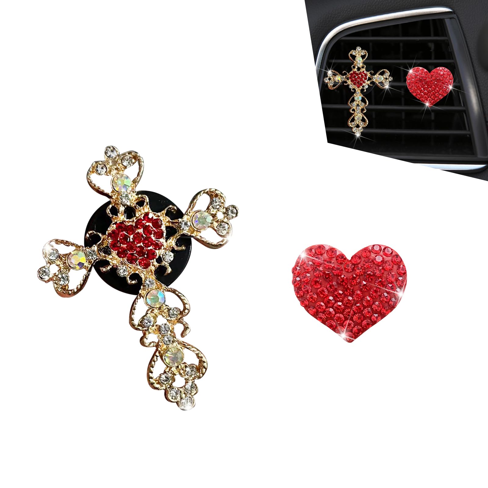 Qurbuns 2 PCS Bling Rhinestone Car Air Vent Clip, Crystal Cross & Heart Car Air Conditioning Outlet Decoration, Universal for Most Cars (Red)