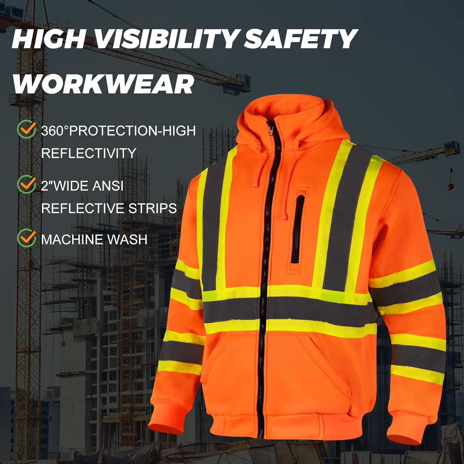 High Visibility Safety Fleece Hoodie for Men ANSI Class 3 Reflective Sweatshirt Construction Jacket