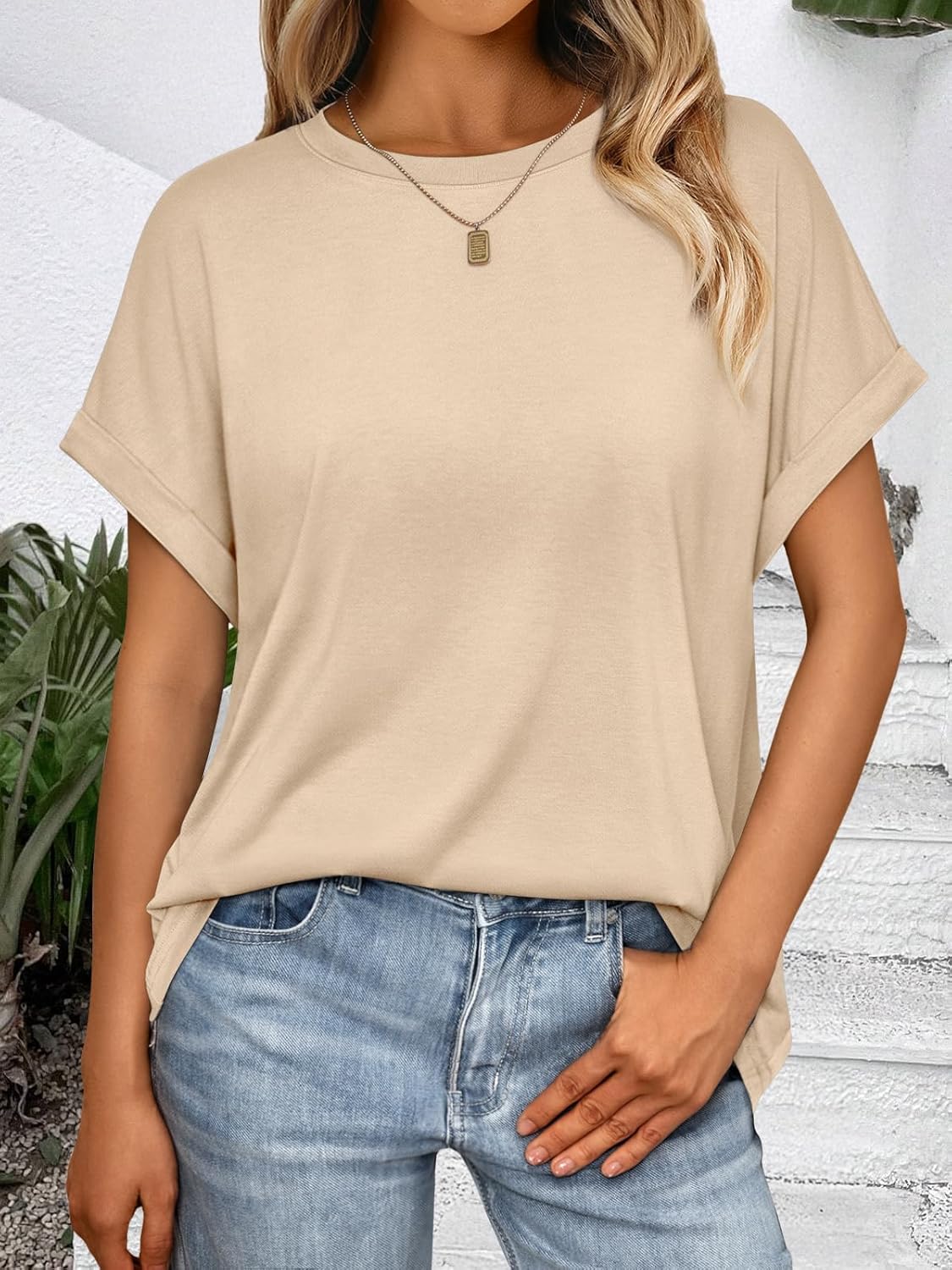 AUTOMET Women's Oversized Short Sleeve T-Shirt, Casual Drop Shoulder Top with Roll-Up Cuff Sleeves for Summer - Image 6