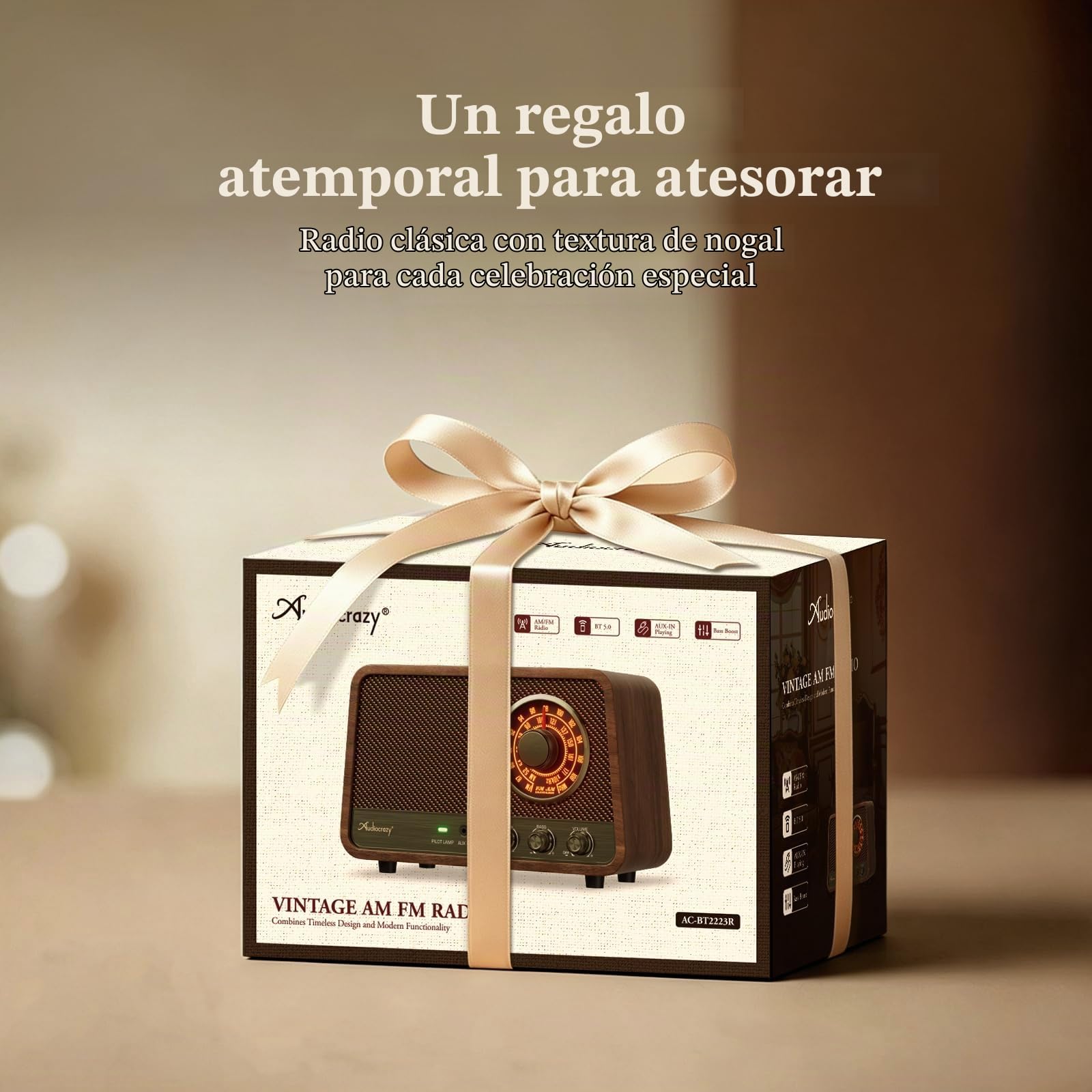 Radio Bluetooth FM de madera clásico con 10 vatios de sonido potente, radio retro con altavoz Bluetooth con esfera brillante ámbar, control de graves, entrada auxiliar, conector para