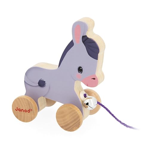 Janod Burro de Madera con Campana - Juguete para Tirar y Empujar