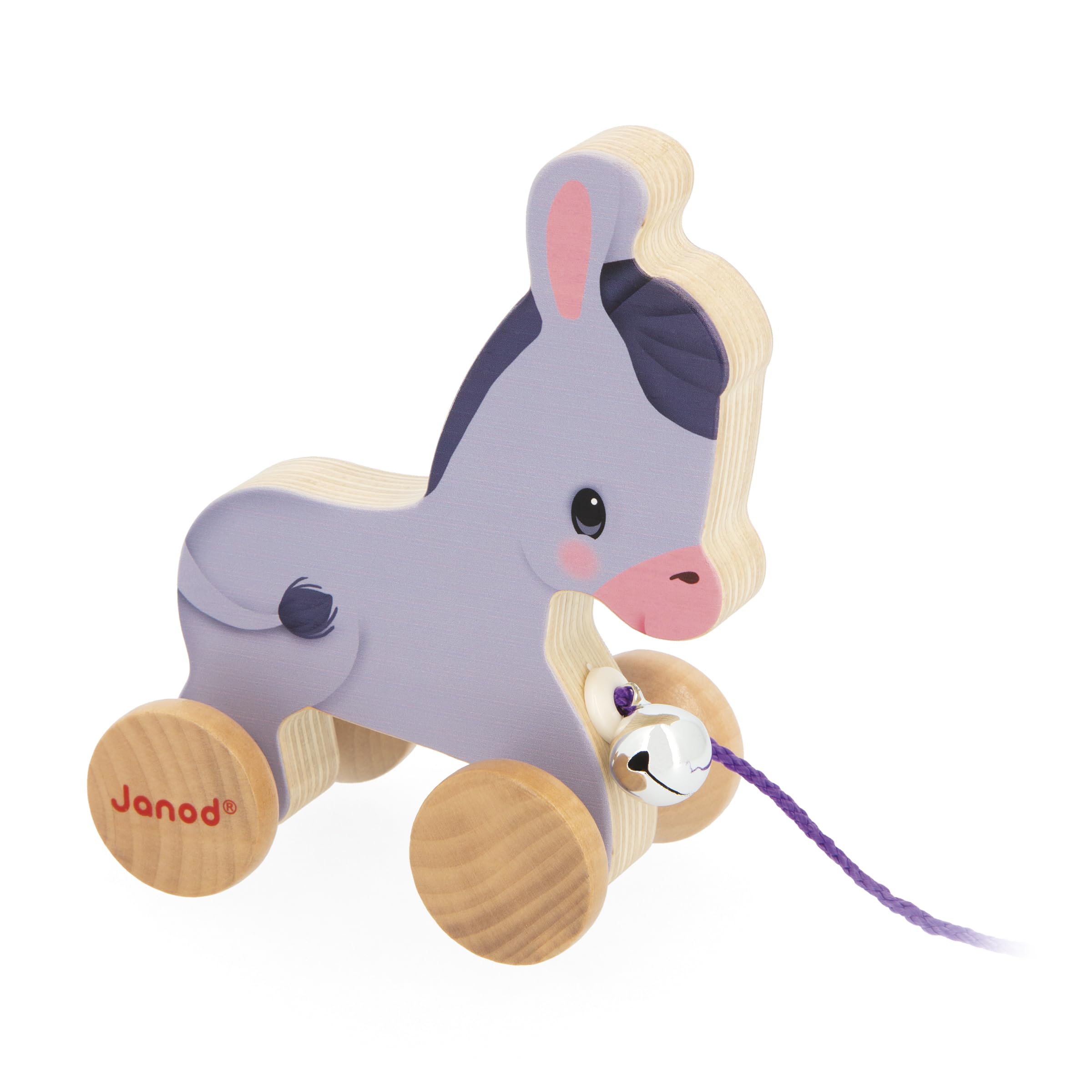 Janod - Wooden Walking Donkey with Tinkerbell - Pull and Push Toy - Motor Skills and Imagination Training - 50cm string suitable for little hands - FSC Certified - From 12 months, J03323