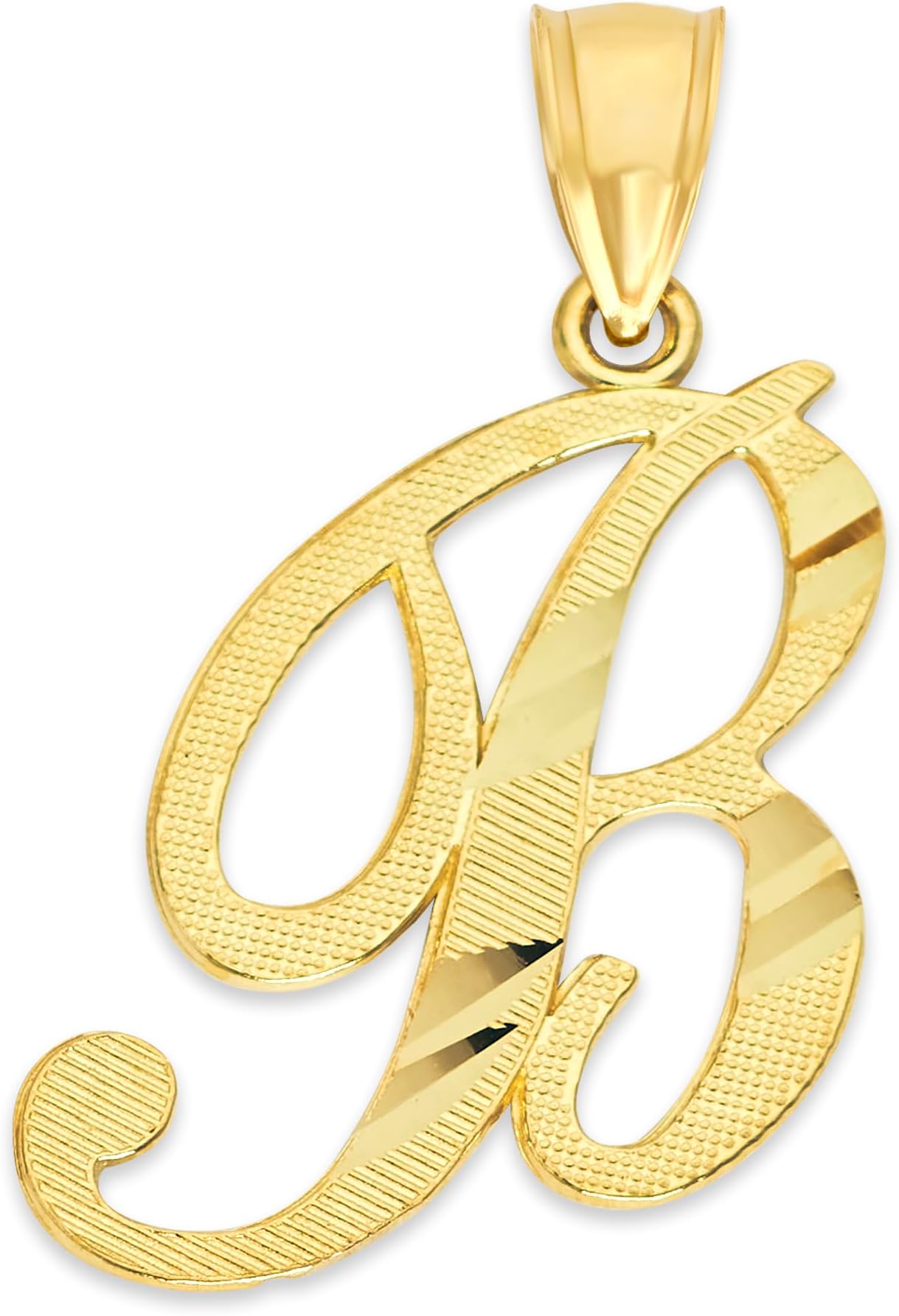 10k Solid Real Gold Cursive Initial Pendant, English Alpahbet A-Z Letter Charm with Diamond Cut (B)