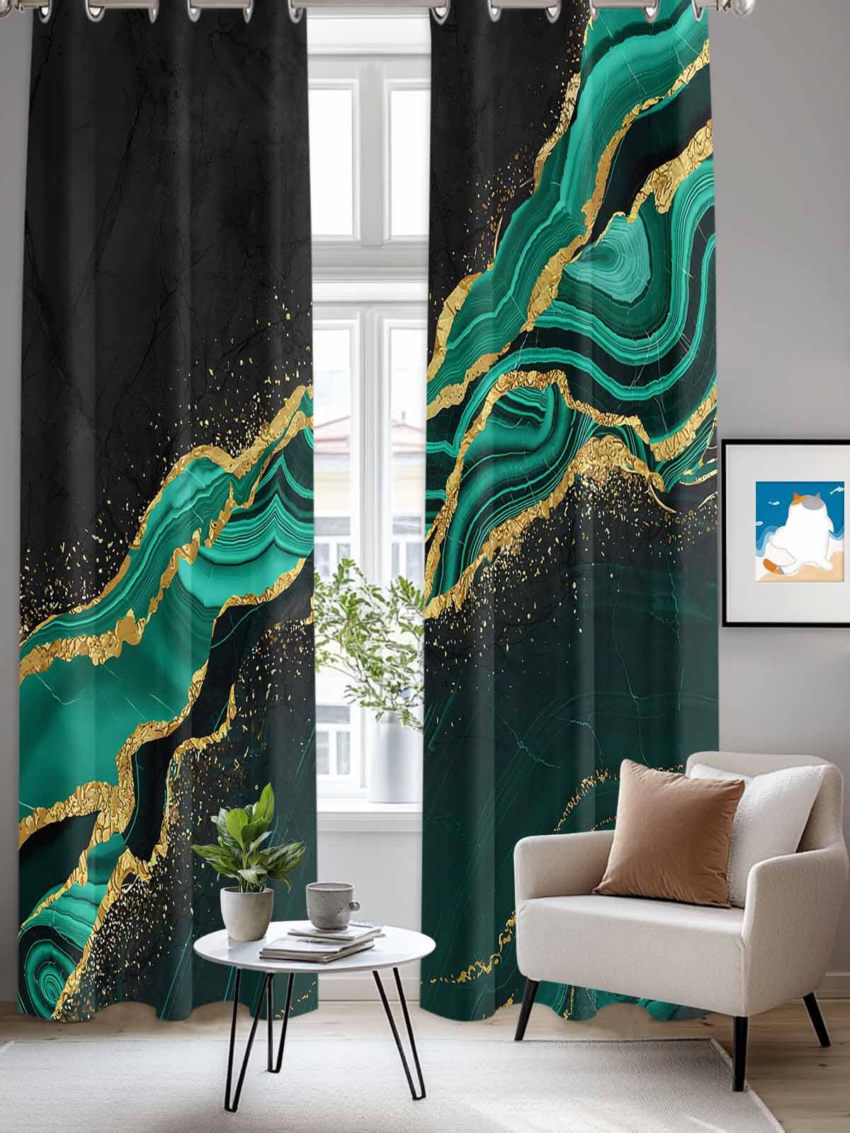 Green Marble Window Curtains Panels with Silver Grommet,Gold Abstract Vintage Modern Ombre Art Kitchen Cafe Curtain Draperies Window Treatment Set for Living Laundry Room/Bedroom/Bathroom/Cafe,84x84