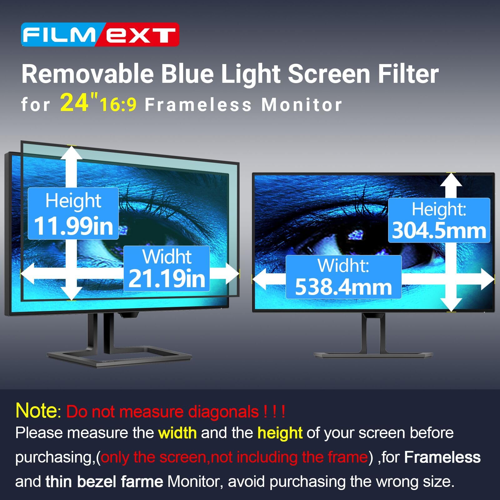 FILMEXT Abnehmbarer 61 cm Computer-Blaulicht-Displayfilter für 16:9 rahmenlosen Monitor, blasenfrei, hohe Klarheit, Augenschutz, blaues Licht, Schutz für dünne Lünette, Computer-Monitor
