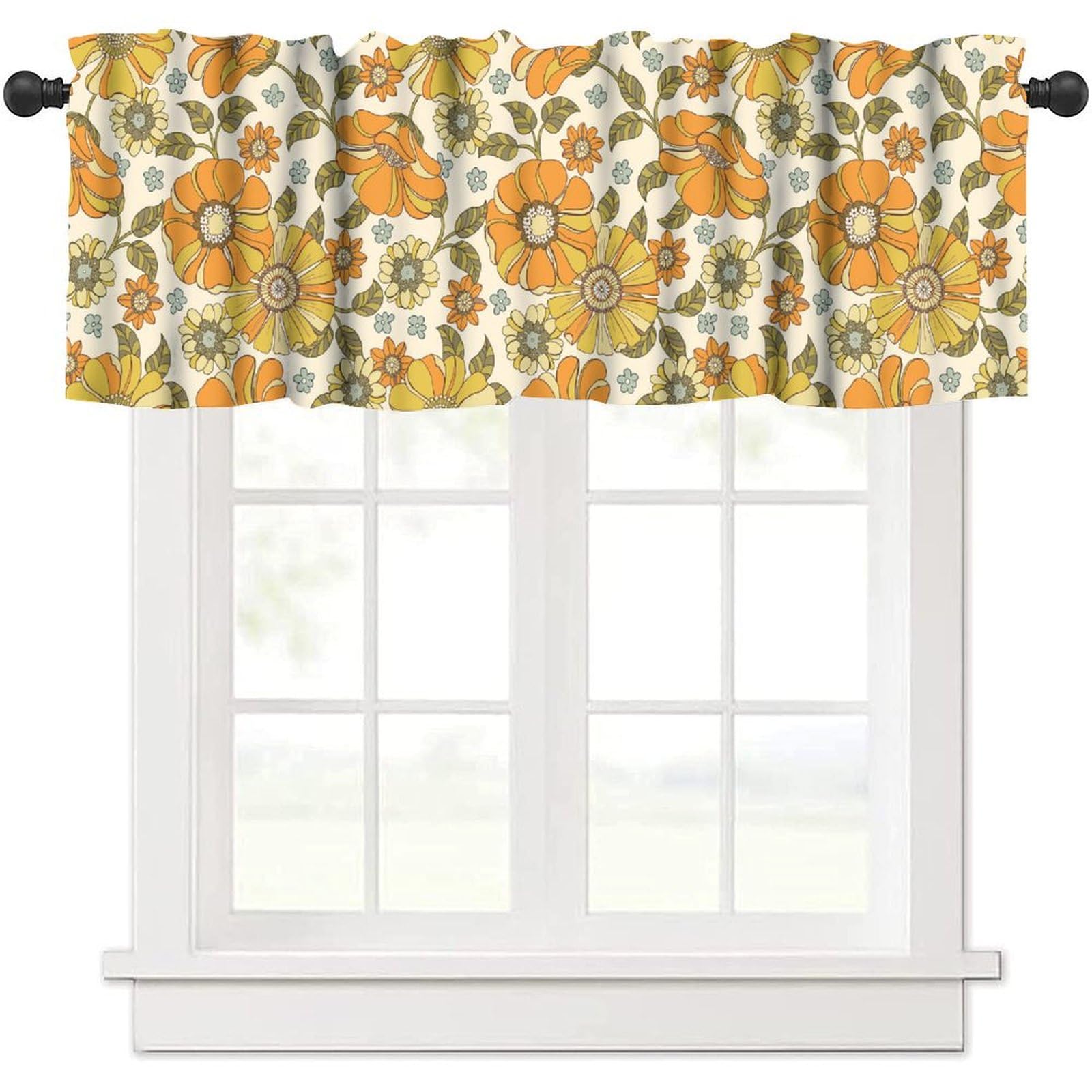 PHTAYOT Retro 70S Floral Valances Set for Kitchen, Groovy Colorful Large Floral Retro 70s Flower Green Leaves Plant Home Decor Rod Pocket Window