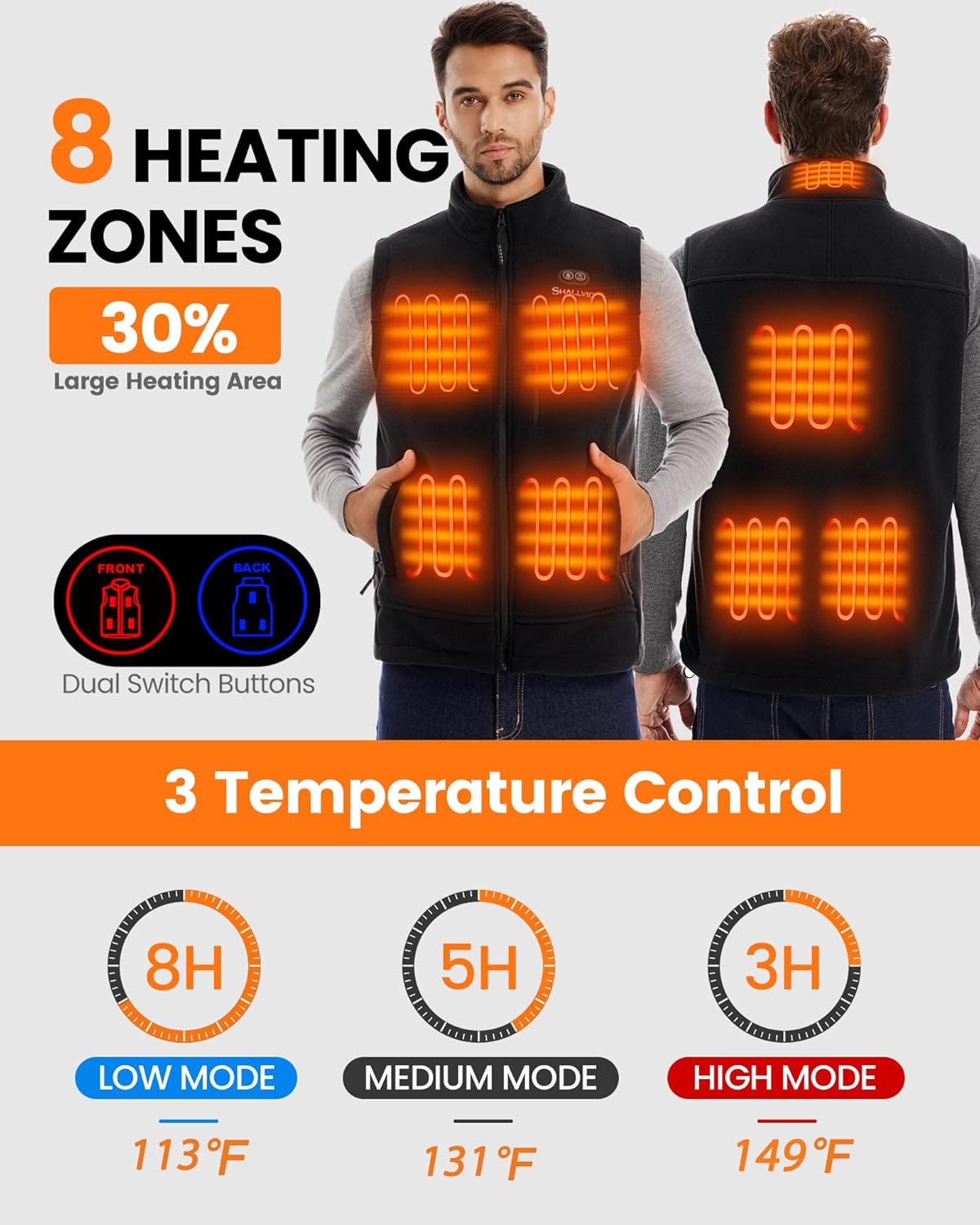 Men's Fleece Heated Vest with 7.4V 12000mAh Battery Pack Included, 8 Heating Zones Electric Heated Vest for Men