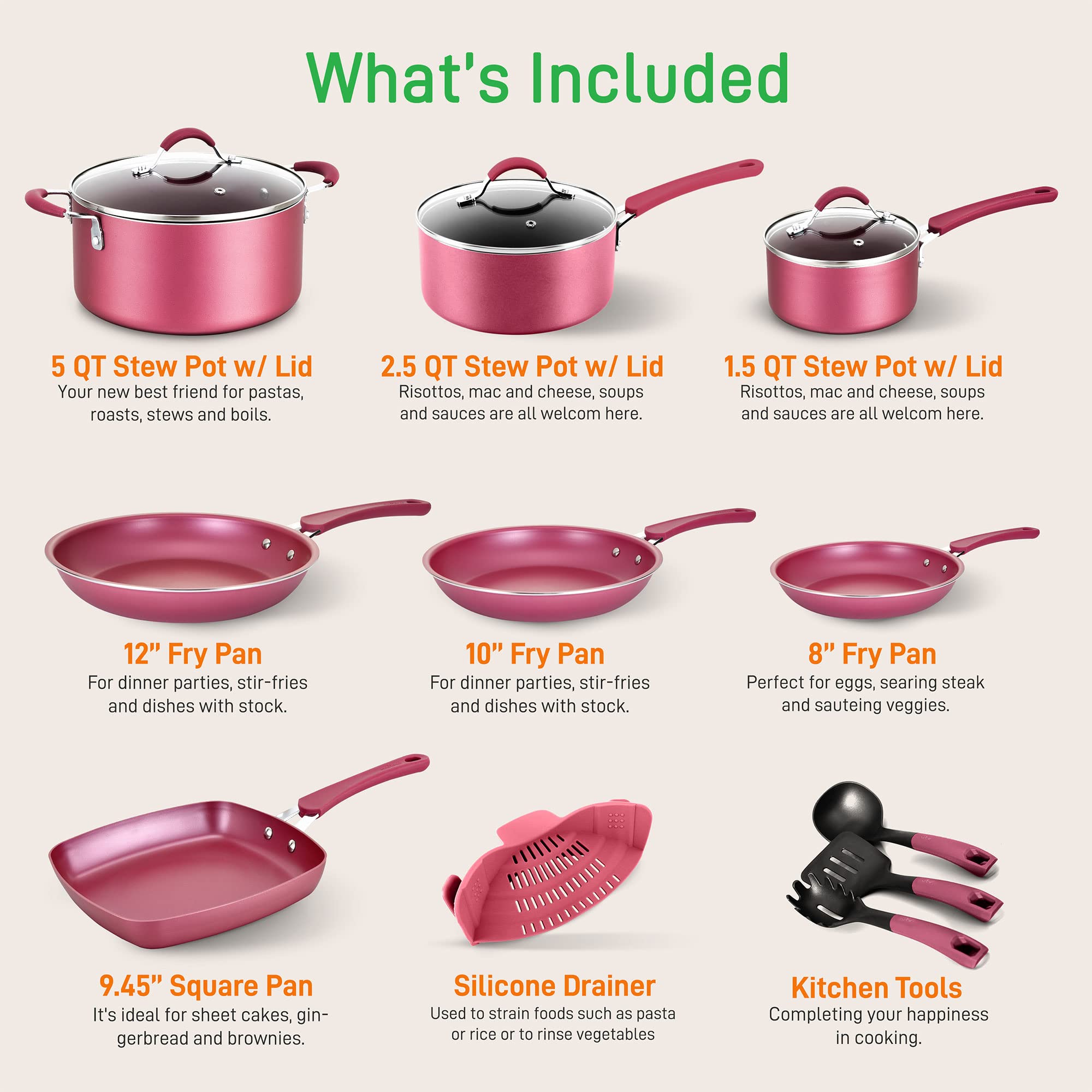 Nutrichef Set Bateria Cocina 20 Piezas, Profesional, Induccion, Utensilios, Juego de Ollas, Sartenes, Antiadherentes, Seguros para Estufas a Gas, Electricas, Facil Limpieza