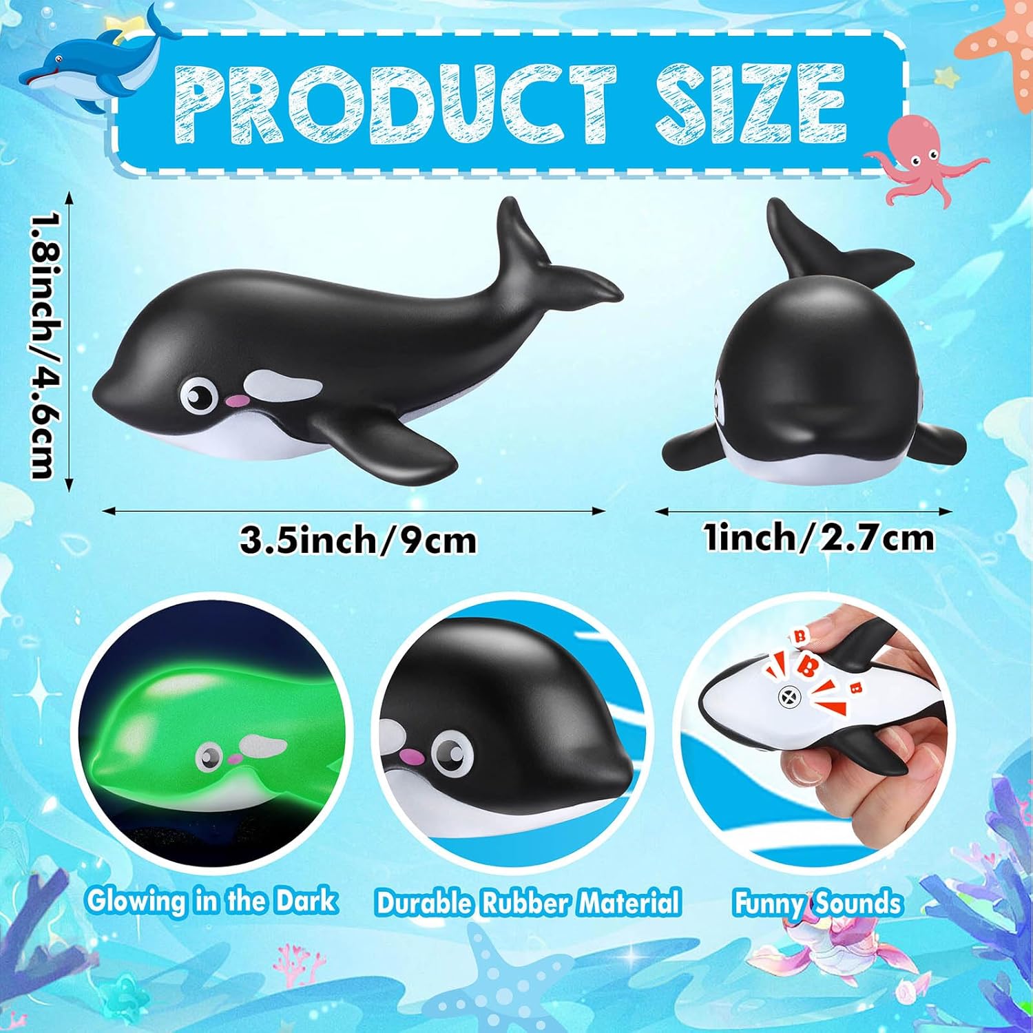 HyDren 48 Pcs Glow in The Dark Rubber Whale Bulk Squeaky Rubber Whale Luminous Mini Sea Animal Toys Bathtub Favors for Classroom Operation Gift Bulk(Black)