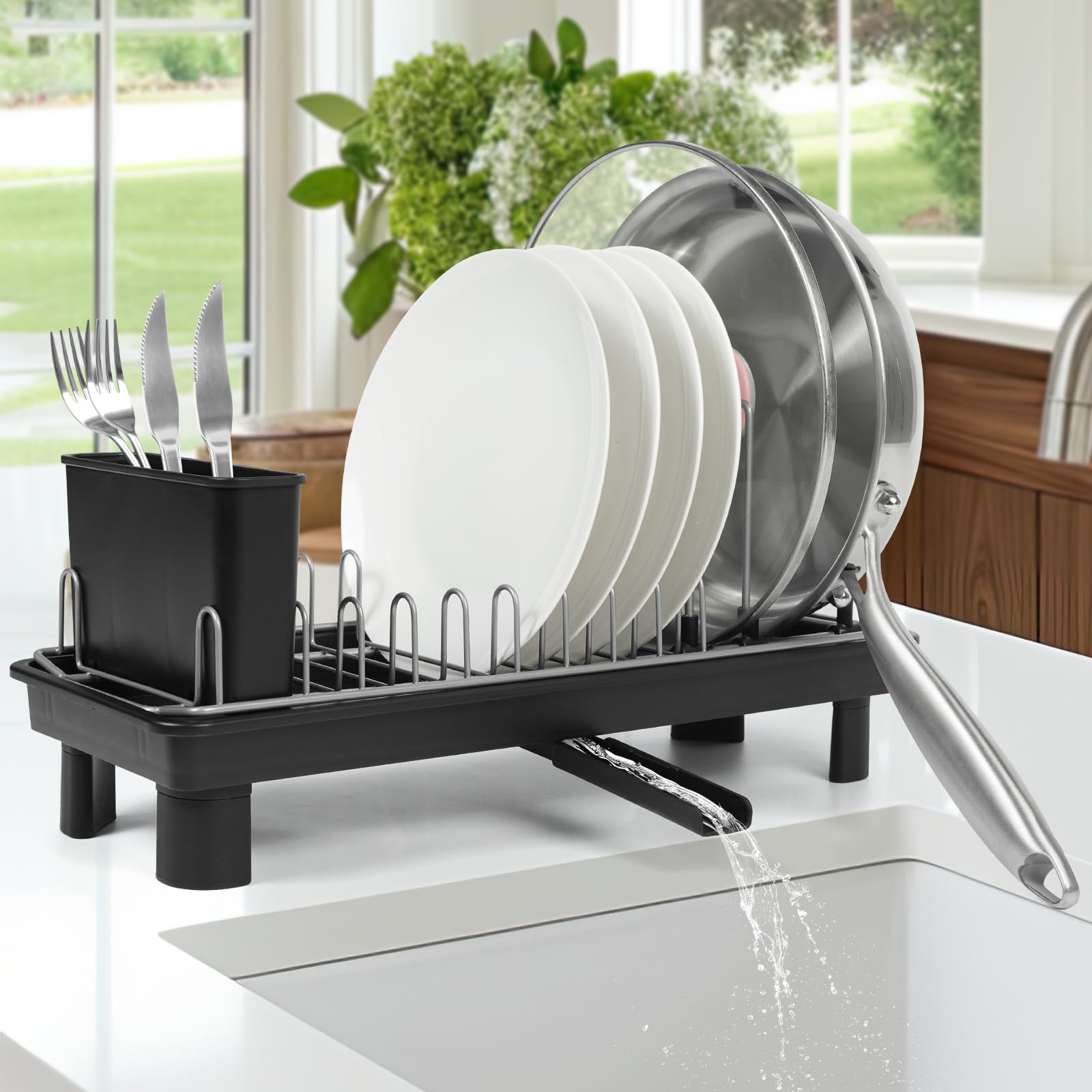 Small Dish Drying Rack for Countertop with Drain Tray & Utensil Holder