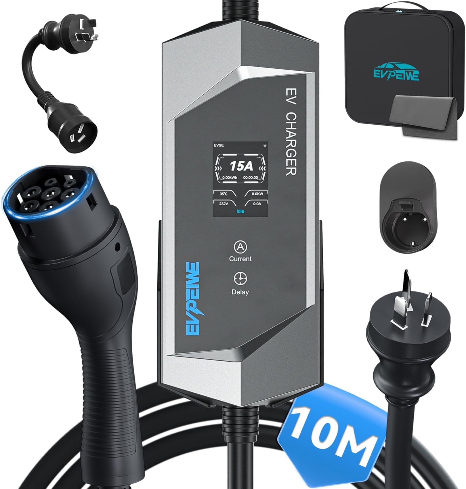 dé EV Charger Type 2 11kW [10m, 3-Fase, 6-16A] Laadpaal 11kW 3 Fase met instelbaar laadvermogen, Mobile Wallbox voor model Y/3, ID.3/4/5, Enyaq, EX30/XC40, Niro en Andere EV&PHEV