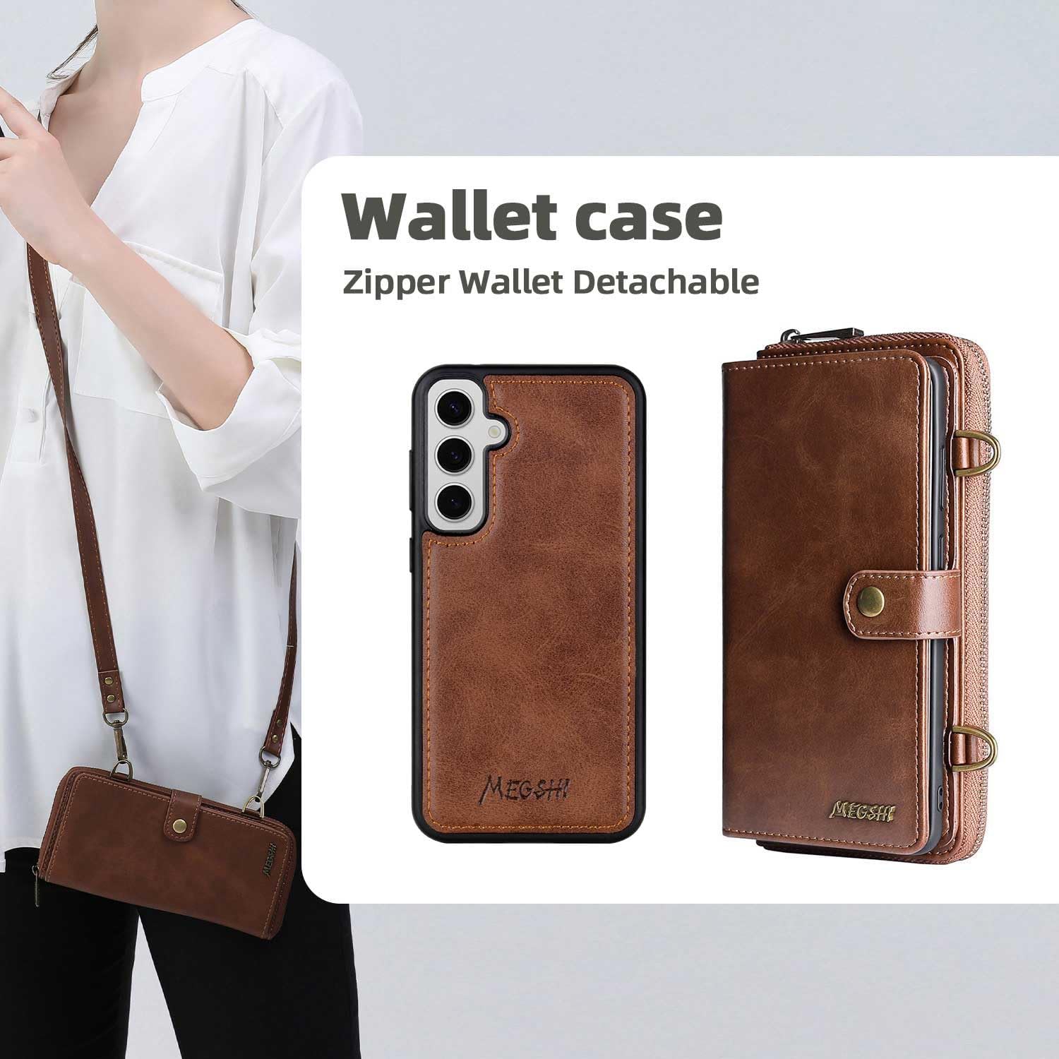 Compatible with Samsung Galaxy S24 Plus S24+ 5G Wallet Case Crossbody Shoulder Strap Stand Leather Card Holder Multi-Function 2in 1 Detachable Magnetic Cell Phone Cover for S24plus 24S+S 24 24+ Brown
