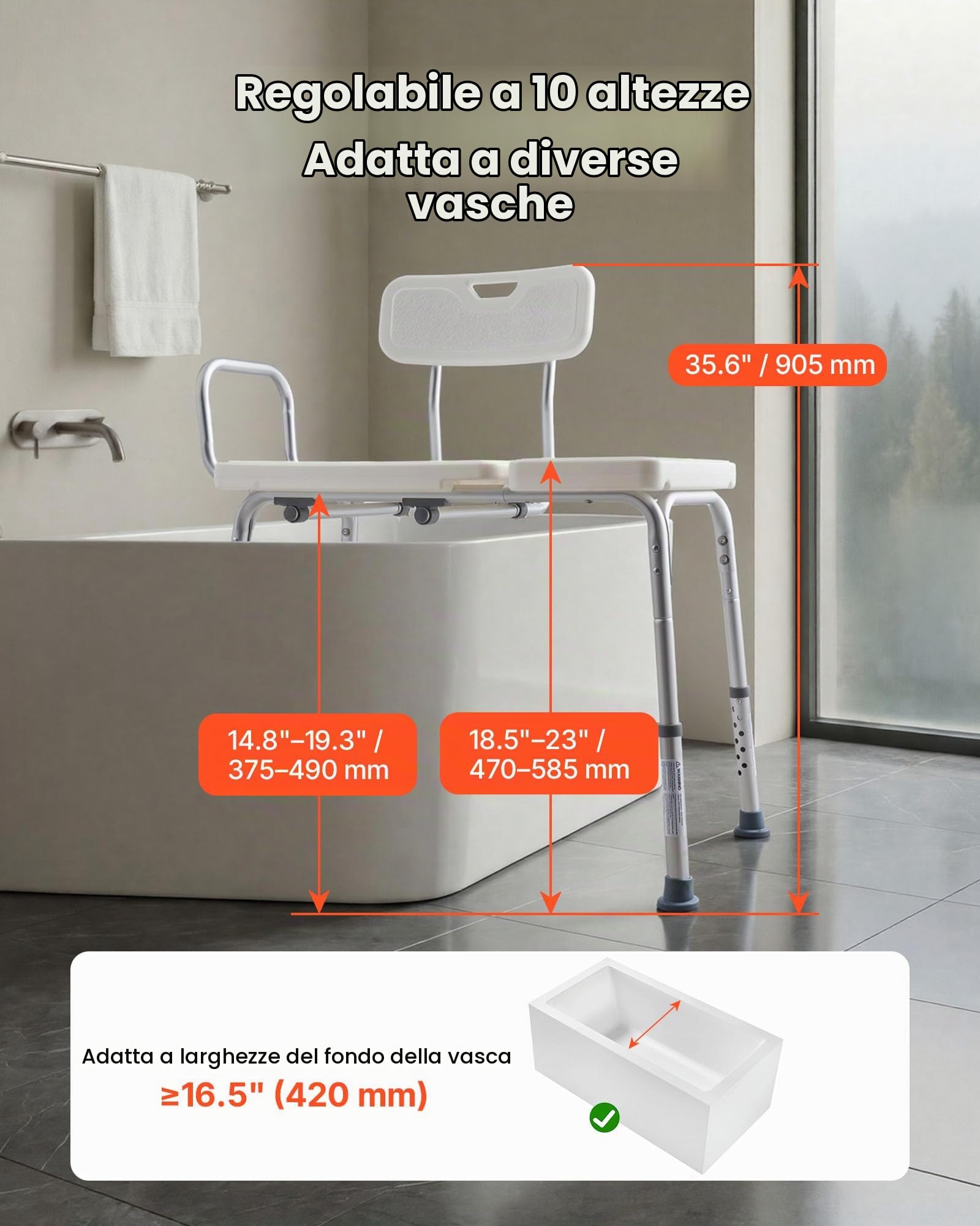 VEVOR Panca da Vasca da Bagno Carico max 180 kg, Sedia per Trasferimento Vasca da Bagno con Braccioli Schienale, Sedile da Doccia Altezza Regolabile per Anziani Pazienti Mobilità Ausiliare Box Doccia