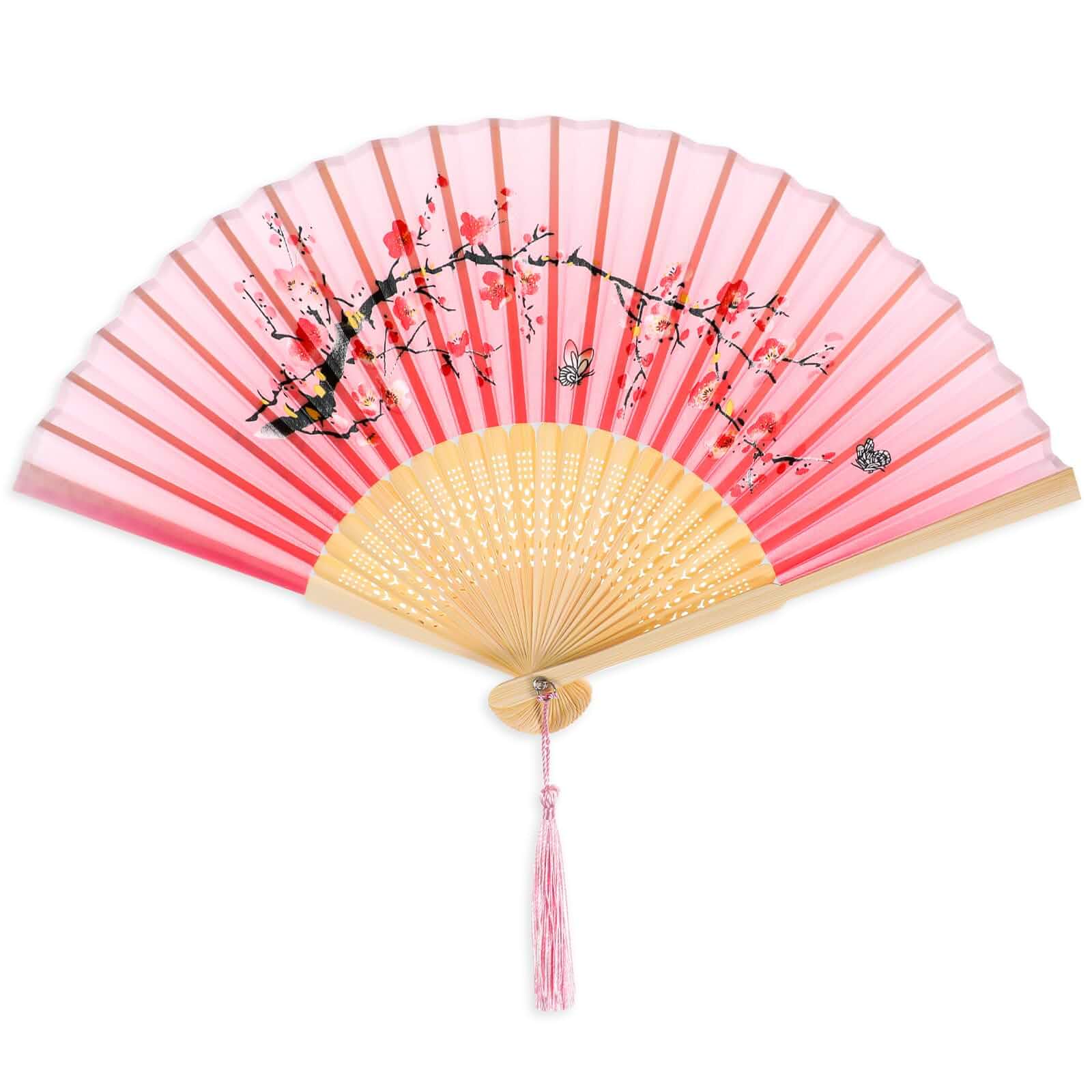Trinkrittey Rose Pink Folding Hand Fan Handheld Chinese Folding Fan Vintage Folding Fan with Bamboo Frame Tassel Foldable Retro Photo Props for Women Decoration Party Wedding Dancing Battery Powered