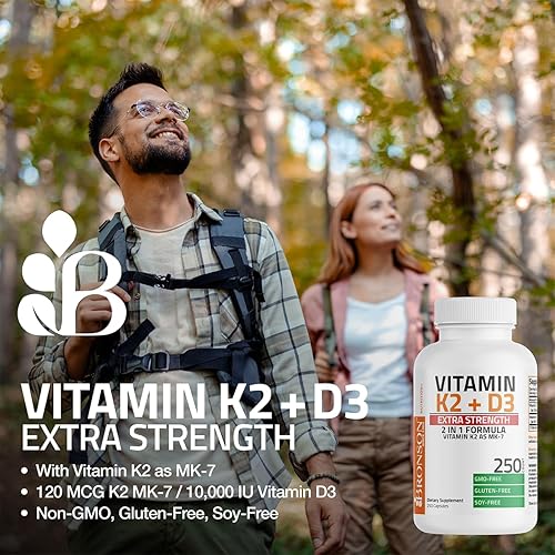 Vista 4 de Bronson Vitamina K2 (MK7) con suplemento extra fuerte D3 para la salud ósea y cardíaca Fórmula sin OMG 10,000 UI Vitamina D3 y 120 mcg Vitamina K2