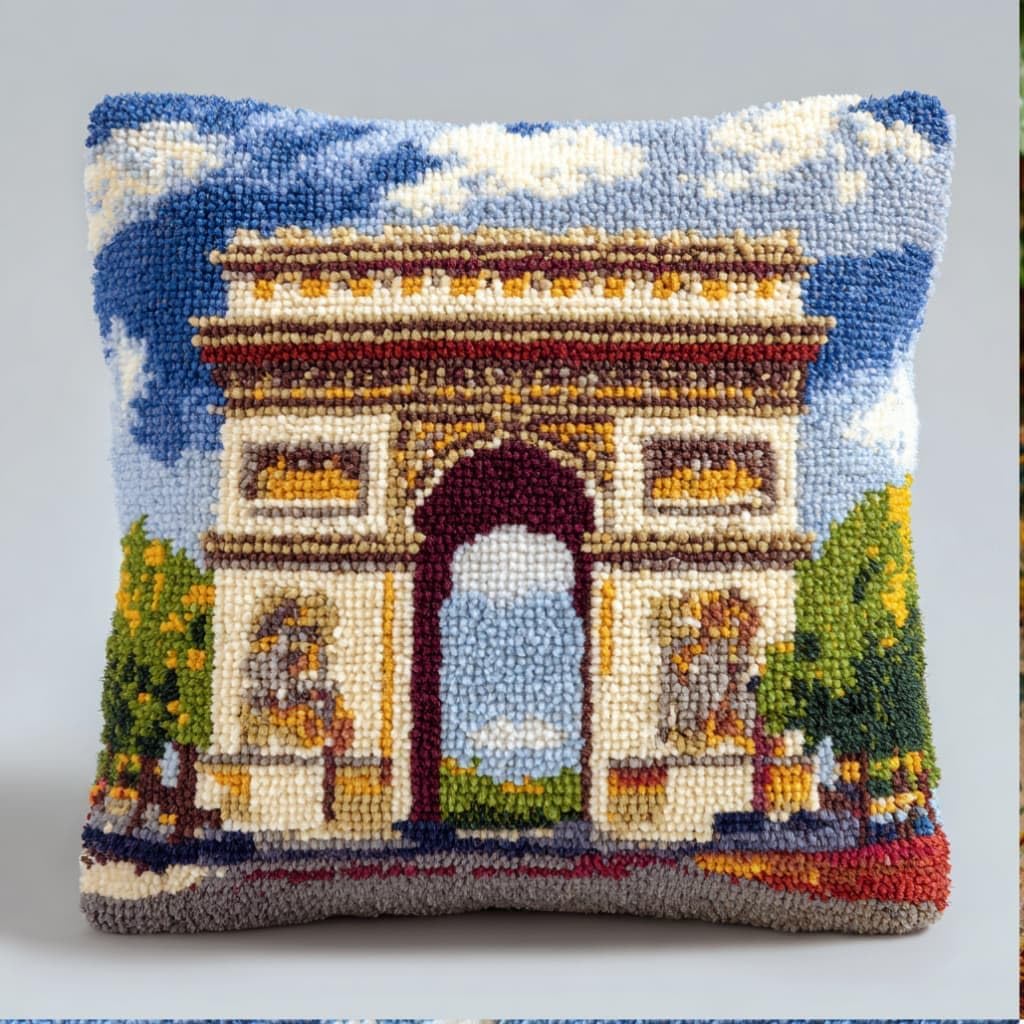 Taxpy Kit Pre-Printed Hook and Latch Rug Kits Arc De Triomphe Architecture Latch Hook Cushion Kit for Adults Beginners Cross-Stitch Embroidery Cushion Cover for Home Sofa Decoration 17X17 Inch
