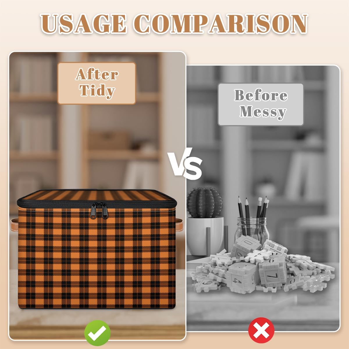 Storage Bin Set of 2 Orange Buffalo Plaid Storage Basket with Zipper Lid & Handle Foldable Closet Shelf 2 Pack Cloth Organizer Basket Cube Bins Clothes Organizer for Bedroom, Nursery