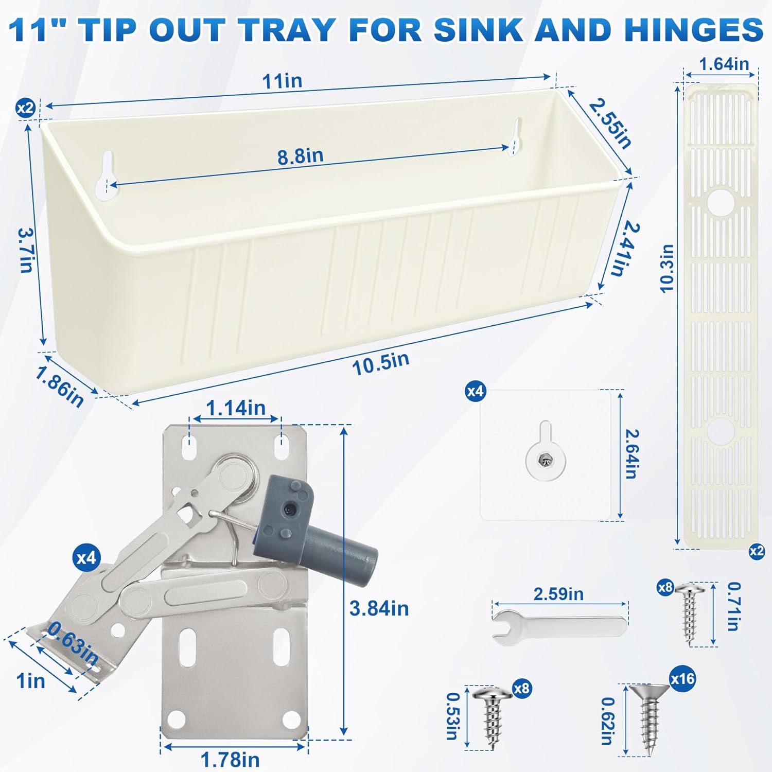 Upgraded 11" Tip-Out Plastic Sink Trays + Steel LD-0220-50SC Soft Close Pivot Hinges Kitchen Sink Tip Out Tray Hinges with 8 x Mounting Screws and 4 x Adhesive Screws for Kitchen and Bathroom -2 Sets