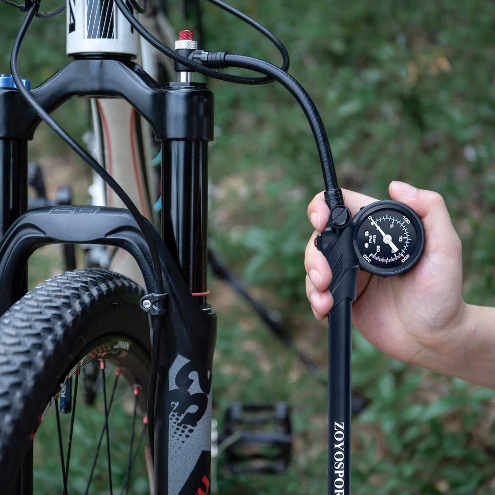 Pompa ammortizzatore per bicicletta, pompa ad alta pressione per sospensioni MTB, pompa ad aria per forcella posteriore da 300 psi, con manometro di precisione, valvola di sfiato leggera e compatta