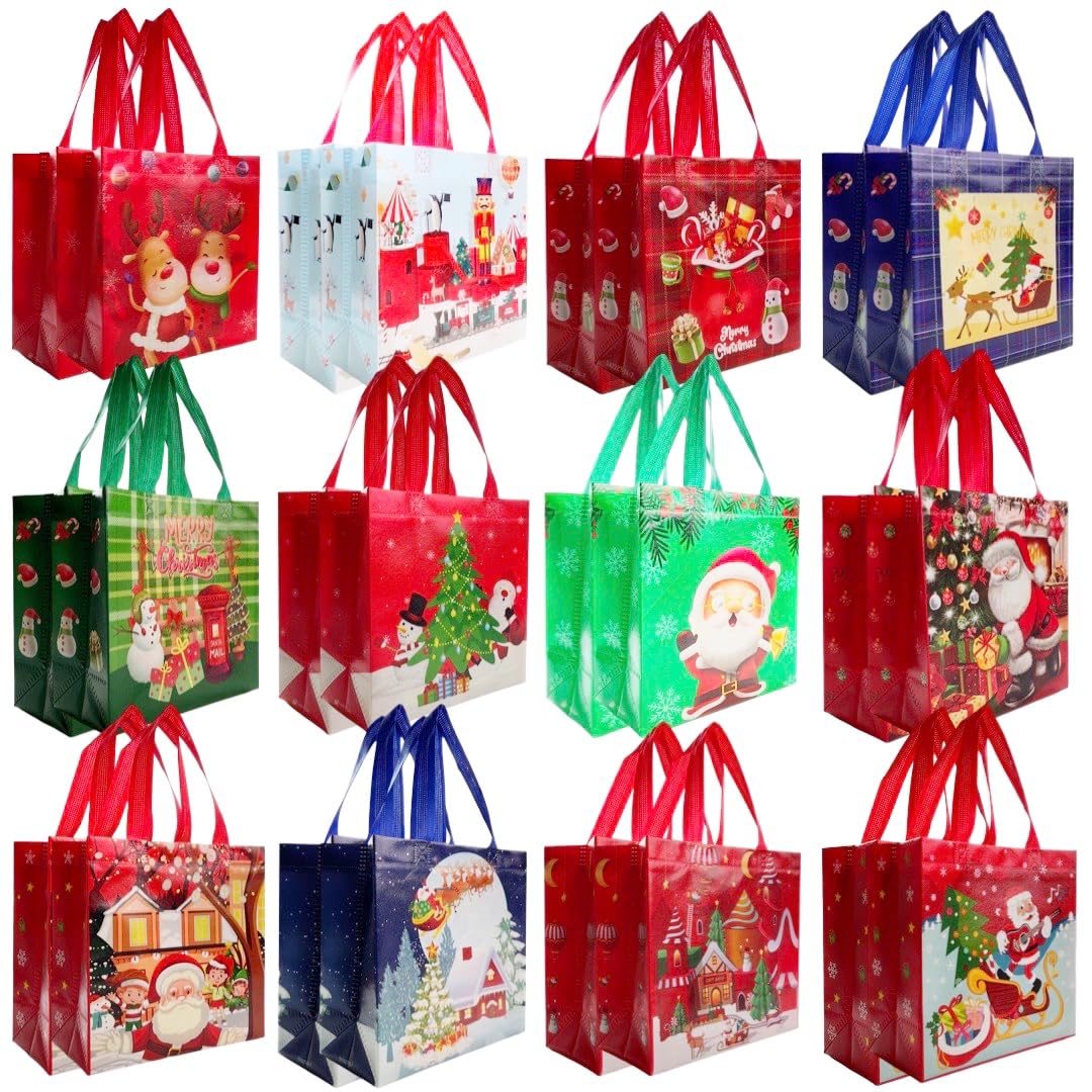 Edison Alexander 24 Pack Reusable Christmas Gift Bags Wrap with Handles – Tote Bags Bulk Reusable, Xmas Gifts Wrapping, Present Wrap for Party Favors,