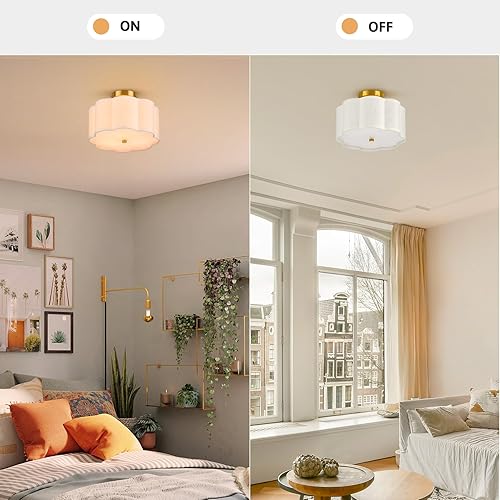 Miniatura 2 de VONLUCE Lámpara de techo semiempotrada, lámpara de techo de 12.6 pulgadas con pantalla de tela en forma de flor, lámpara moderna de 3 luces para