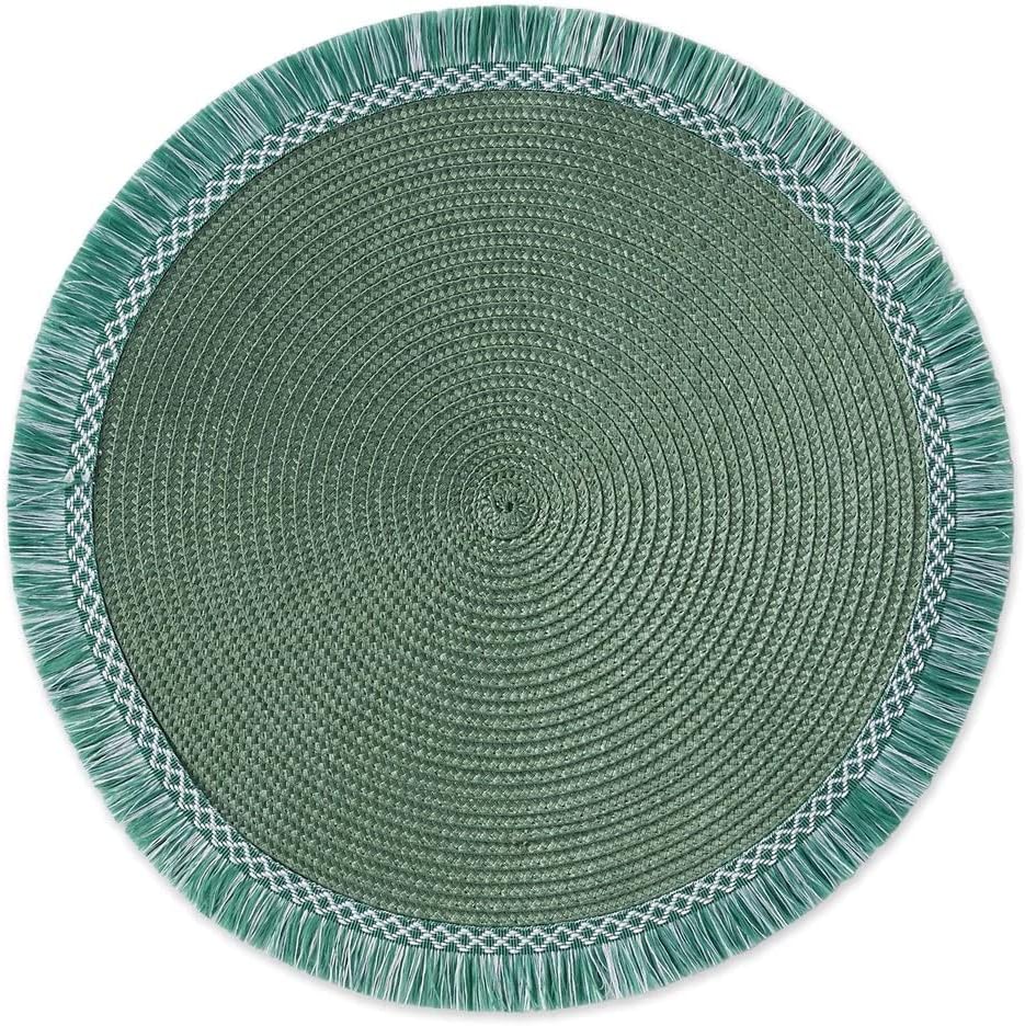 Fennco Styles Woven Textured Placemats with Fringe 15 Inches Round, Set of 2 – Green Braided Table Mats for Home, Dining Room Décor, Banquets, Indoor & Outdoor, Everyday Use and Special Events