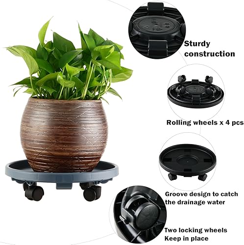 Miniatura 2 de Paquete de 5 soportes grandes para plantas con ruedas de 13 pulgadas, soportes de plástico resistente para macetas de flores, base rodante, para