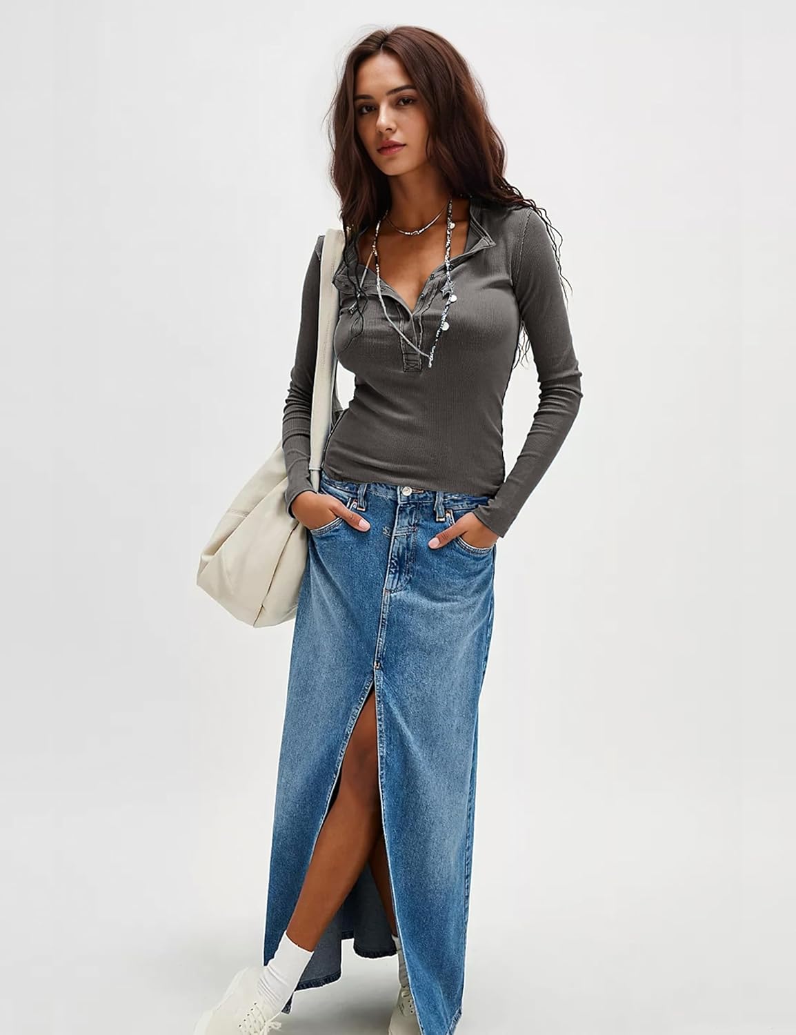 Yeokou Women's Ribbed Henley Top Long Sleeve Button Down Casual Knit Shirt Slim Fit V-Neck Layering Basics for Everyday Wear - Image 4