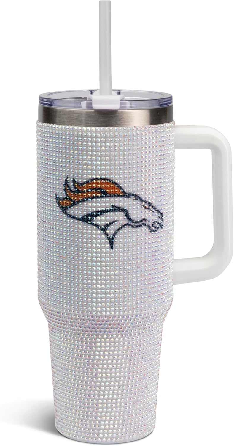 The Memory Company Officially Licensed NFL 40oz Stainless Steel Tumbler - Double Wall Insulated Travel Cup with Handle and Straw Lid - Crystal Rhinestone Design