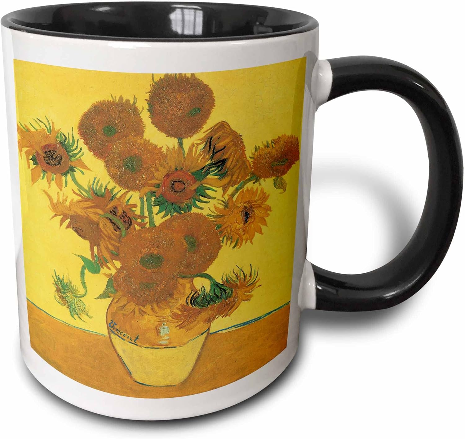 3dRose Vase With Fifteen Sunflowers By Vincent Van Gogh Impressionist Still Life Mug, 1 Count (Pack of 1), Black