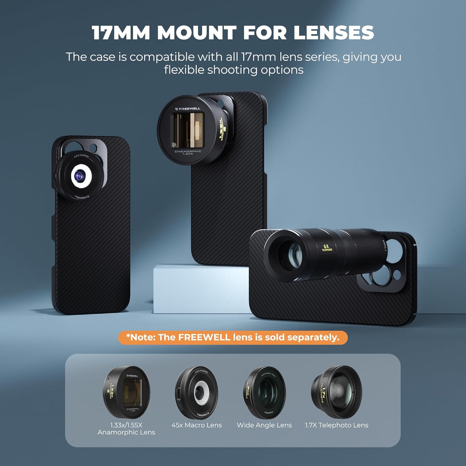 FREEWELL 1.33x Pro Cine Anamorphic 3 in 1 Lens and Pro Filmmaker iPhone 16 Pro Case Bundle- 3 Flare Colors in One Lens (Neutral, Gold, Blue)