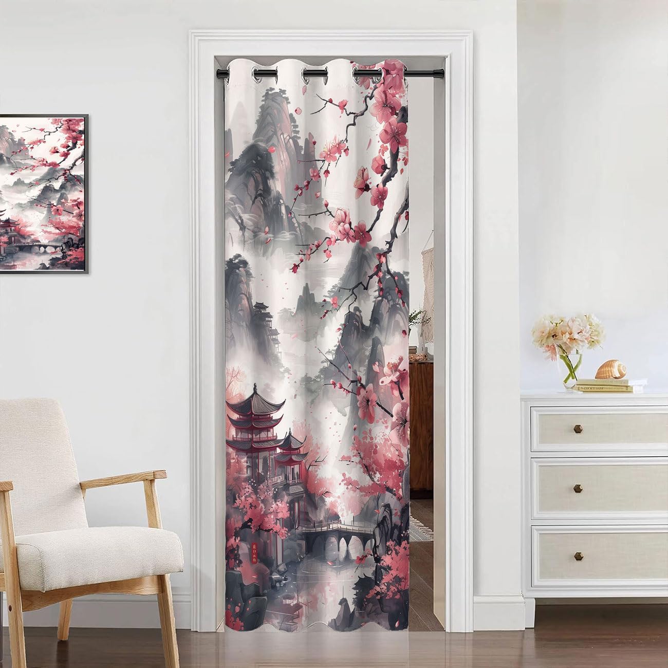 Japanese Cherry Blossom Door Curtain for Doorway, Pink Room Darkening Blackout Curtain for Bedroom Living Room Closet Door, 1 Panel 42" W X 80" L