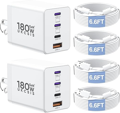 Paquete de 2 bloques de cargador USB C de 180 W, cargador plegable de 4 puertos GaN súper rápido USB C, doble bloque de carga tipo C de 65 W,