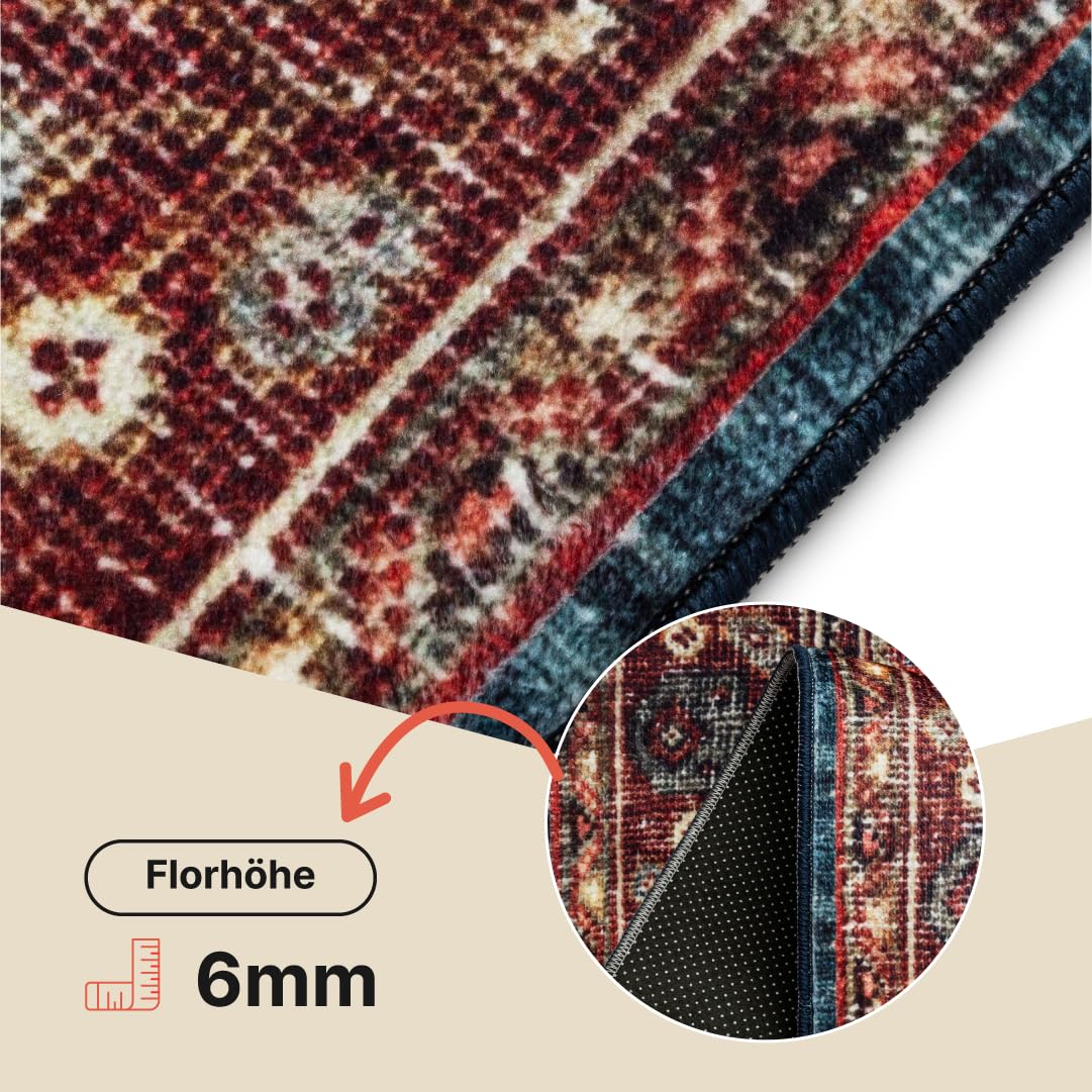 TAPISO Ispahan Tapis Oriental Classique Persan Vintage Motif Médaillon - Tapis Imprimé avec Antidérapant Bleu Foncé Rouge Rouille Salon Chambre Oeko-Tex 200 x 300 cm
