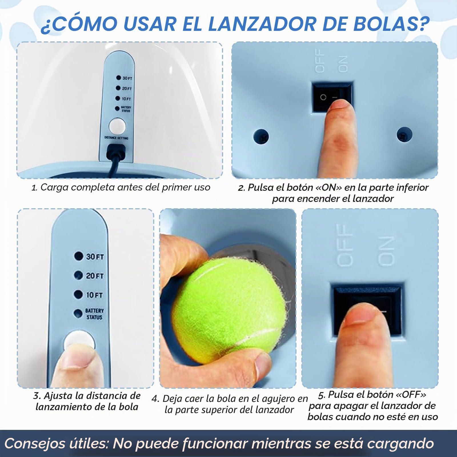 Lanzador de bolas para perros automático, lanza bola para perros con 6 bolas, distancia ajustable 3-9m, lanzador de bolas automático interactivo para perros, juguete de entrenamiento interior al aire