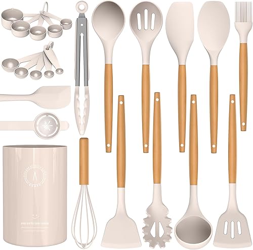 Miniatura 26 de AVGPD Juego de utensilios de cocina de silicona – Utensilios de cocina de silicona para cocinar asas de madera, 446 °F resistentes al calor, juegos