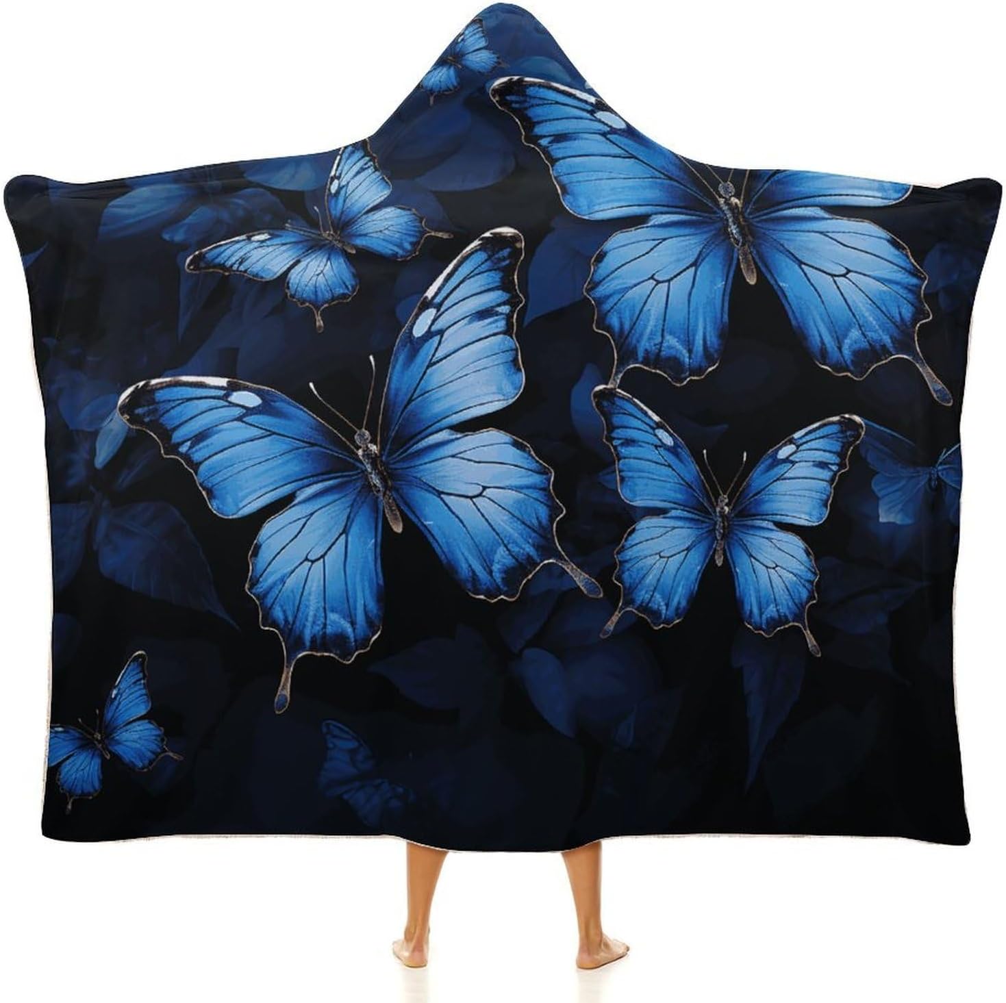 Dark Blue Butterflies Hooded Blanket Cozy And Functional,Wearable Blanket Hoodie for Women Men,Blanket Poncho Presents60 x80
